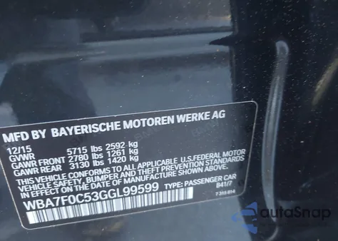 2016 BMW 750I z USA, uszkodzony, nr VIN WBA7F0C53GGL99599